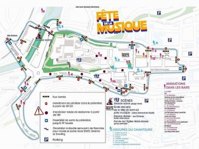 Carte présentant le périmètre de sécurité pour la fête de la musique 2023 à Saint-Lô. - Mairie de Saint-Lô