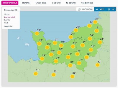 Les températures vont dépasser les 30 degrés sur une bonne partie de la Normandie, dimanche 25 juin. - Météo France