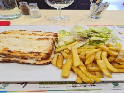 Croque-monsieur au saumon, frites et salade