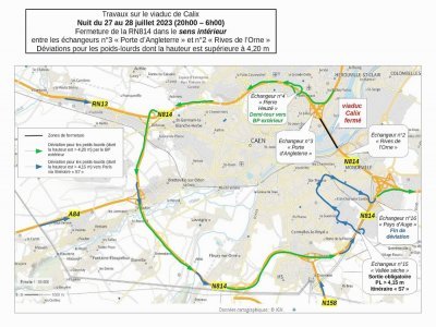 Les déviations mises en place lors de la fermeture du viaduc de Calix en juillet. - Préfecture du Calvados