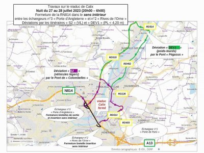 Les déviations mises en place lors de la fermeture du viaduc de Calix en juillet. - Préfecture du Calvados