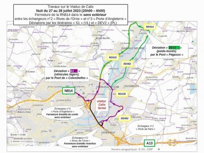 Les déviations mises en place lors de la fermeture du viaduc de Calix en juillet. - Préfecture du Calvados