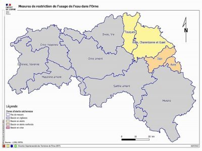 Carte des zones concernées par l'alerte et l'alerte renforcée sécheresse dans l'Orne. - Préfecture de l'Orne