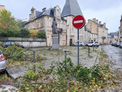 Tempête Ciaran à Bayeux : les branchages jonchent les rues, comme ici à l'intersection de la rue Général De Dais et de la place Charles de Gaulle.