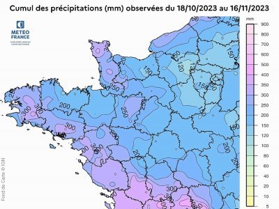 Cumul des précipitations en novembre 2023 sur la Normandie, selon Météo France.