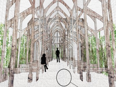 2. La cathédrale de Vert
Olivier Thomas est un architecte et scénographe parisien. Son projet est celui d'une cathédrale de 5m de large et 10m de long. A travers cette œuvre, il invite les visiteurs à observer la nature reprendre ses droits sur le bâti. - OT