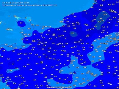 Voici la carte des températures minimales en Normandie relevée par le site Météociel entre vendredi 19 janvier 18h et samedi 20 janvier 6h. - Météo Ciel