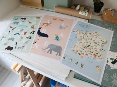 Il existe une quinzaine de modèles de cartes et d'affiches dans la collection de Papier Curieux. La créatrice propose aussi des affiches personnalisées avec le prénom des enfants, chaque lettre correspondant à un animal à découvrir.