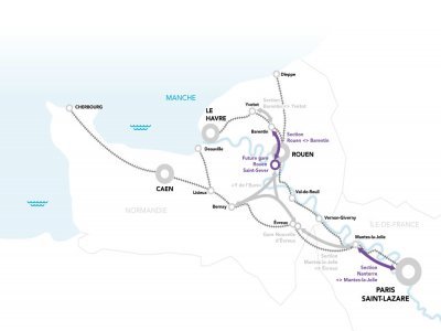 Voici le tracé de la LNPN avec les deux nouveaux tronçons entre Nanterre et Mantes-la-Jolie et entre Rouen et Barentin. - LNPN