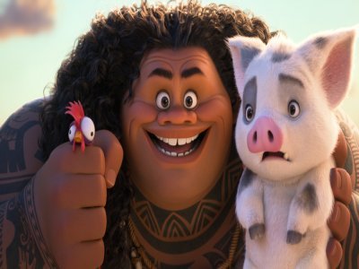 Maui, joué par Dwayne Johnson est de retour avec le cochon Pua et le Coq Hei Hei - DISNEY - © 2024 Disney Enterprises, Inc. All Rights Reserved.