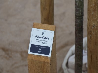 Armand Jung est à l'honneur de cette plaque, ainsi que le nom des enfants qui l'ont dévoilée.