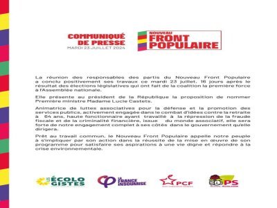 Communiqué de presse du NFP annonçant la candidature de Lucie Castets au poste de première ministre, le 23 juillet 2024.