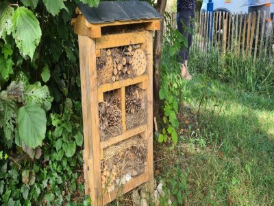 Emmanuel Jamin, président de l'association "Les voisins ECO jardiniers", a installé deux cabanes à insectes où les coccinelles, les abeilles solitaires et les araignées peuvent se réfugier.