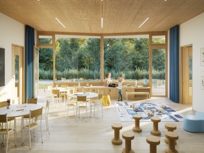 L'établissement, situé en lisière de bois, se veut tourné vers l'extérieur et la nature. Chaque classe aura une terrasse extérieure ou un balcon. Le cabinet d'architectes prévoit 20 salles de classe pour 352 élèves. - SAM Architecture