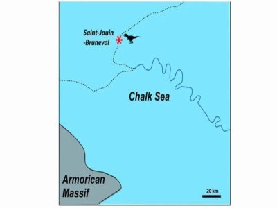 Carte paléogéographique simplifiée d'une partie de la Normandie au début du Cénozoïque, superposée aux repères actuels : côtes (en pointillé) et vallée de la Seine (en bleu). Le Massif armoricain était une zone terrestre au Cénozoïque. - Fossil studies