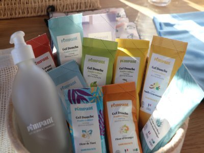 Pimpant propose des produits d'hygiène, avec du gel douche, shampoing nettoyant pour les mains et le visage, déodorant et dentifrice. Pour la maison, l'entreprise propose aussi des produits ménagers, 