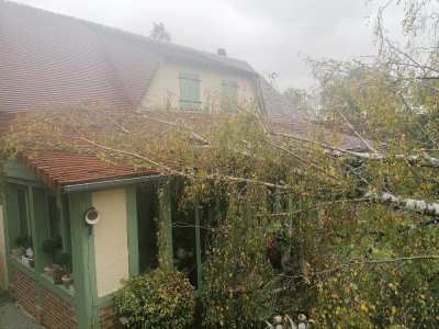 Toute la région a été touchée, comme ici, Jean-Charles Flematti, habitant d'Elbeuf. Un arbre est tombé sur sa véranda lors de la tempête Ciaran.