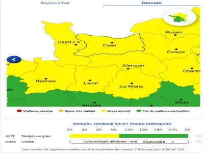 La carte des vigilances jaunes. - Météo France