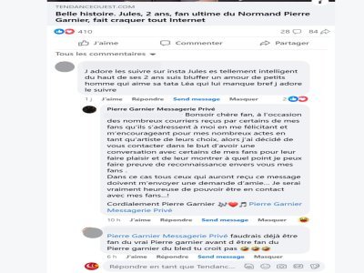 Sur une publication Tendance Ouest à propos de Pierre Garnier, un brouteur tente d'hameçonner une fan qui voit clair dans son jeu. - Capture d'écran Facebook