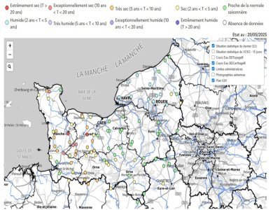 La carte des situations hydrologiques des stations hydrométriques de la Direction régionale de l'environnement, de l'aménagement et du logement de Normandie permet de connaître le niveau des cours d'eau. - Capture d'écran DREAL Normandie