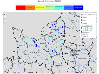 La carte des tendances piézométriques en Normandie permet de connaître le niveau des nappes phréatiques. Elle est construite par la Dreal Normandie, la Direction régionale de l'environnement, de l'aménagement et du logement de Normandie. - Capture d'écran DREAL Normandie