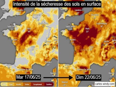 Carte de l'intensité de la sécheresse des sols en France en surface, mardi 17 et dimanche 22 juin 2025. - windy