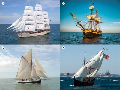 1. Le Shabab Oman II et ses voiles carrées. 2. Le Phoenix, vu dans plusieurs films. 3. Le cotre pilote havrais Marie-Fernand. 4. Le Vera Cruz, plongée au temps des explorateurs. - Laurent Bréard (3), Rui Costa (4)