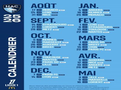 Voici le calendrier du HAC pour la saison 2025-2026. - Ligue 1 Mc Donalds