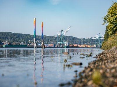 L'oeuvre a l'ambition de créer un dialogue entre les deux rives et entre un patrimoine naturel et industriel.  - Alan Aubry - Metropole Rouen Normandie