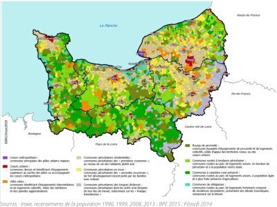 Les zones densément peuplées (en violet et rouge) seront particulièrement sensibles au réchauffement climatique. Les côtes et les bords de Seine aussi. - INSEE
