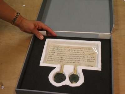 Cette charte émane d'un seigneur de Vaux-sur-Seulles, qui par ce document certifie effectuer un don à l'Abbaye-aux-Dames. Sans notaire à l'époque, le sceau permettait d'authentifier l'acte.