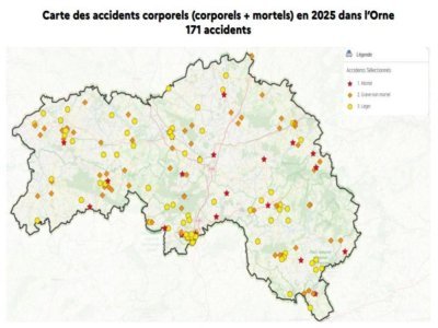 La carte des 171 accidents corporels et mortels dans l'Orne en 2025. - Préfecture de l'Orne