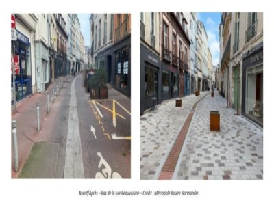 L'Avant et l'Après des travaux concernant le bas de la rue Beauvoisine. - Métropole Rouen Normandie