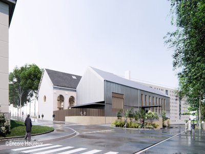 Un nouveau bâtiment va être construit, accolé à l'existant. Il y aura un étage, avec des bureaux, le catering des artistes, des espaces de stockage et une deuxième salle de concert. - Encore Heureux