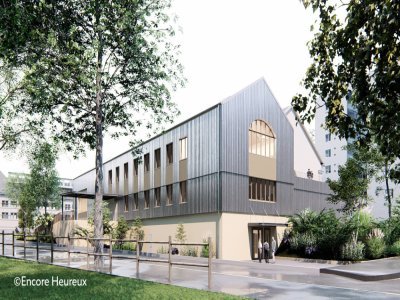 L'entrée actuelle ne sera plus utilisée par le public. Le nouveau bâtiment sera dans un style contemporain mais qui ne dénature pas celui d'origine, qui date du XVIIIe siècle. - Encore Heureux