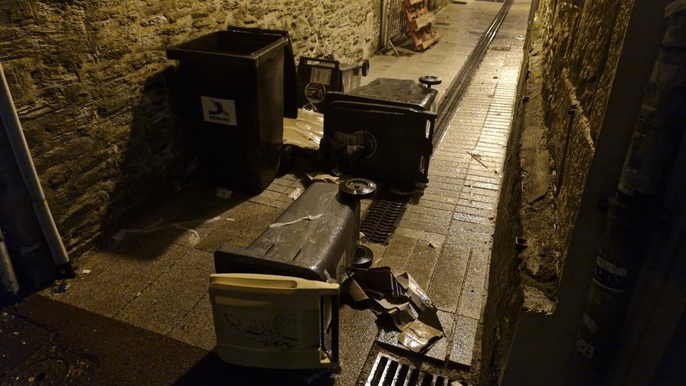 Des poubelles ont &eacute;t&eacute; renvers&eacute;es par le vent. La collecte des d&eacute;chets avait &eacute;t&eacute; suspendue pour la soir&eacute;e.