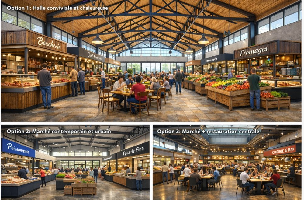Camille Margueritte &eacute;tudie la possibilit&eacute; de transformer la salle des f&ecirc;tes de la place Centrale en march&eacute; couvert. (Visuels g&eacute;n&eacute;r&eacute;s par une intelligence artificielle)