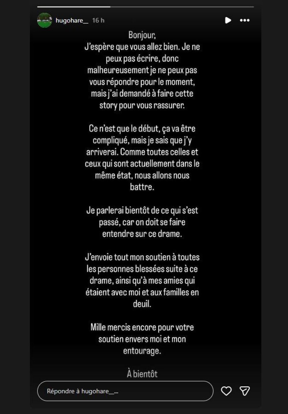 Le jeune footballeur, Hugo Hare, a communiqu&eacute; pour rassurer sur ses r&eacute;seaux sociaux.