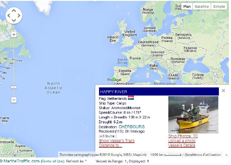 Selon le site Marinetraffic.com, le Happy River est bien en escale, à Sétubal, au Portugal. - capture d'écran